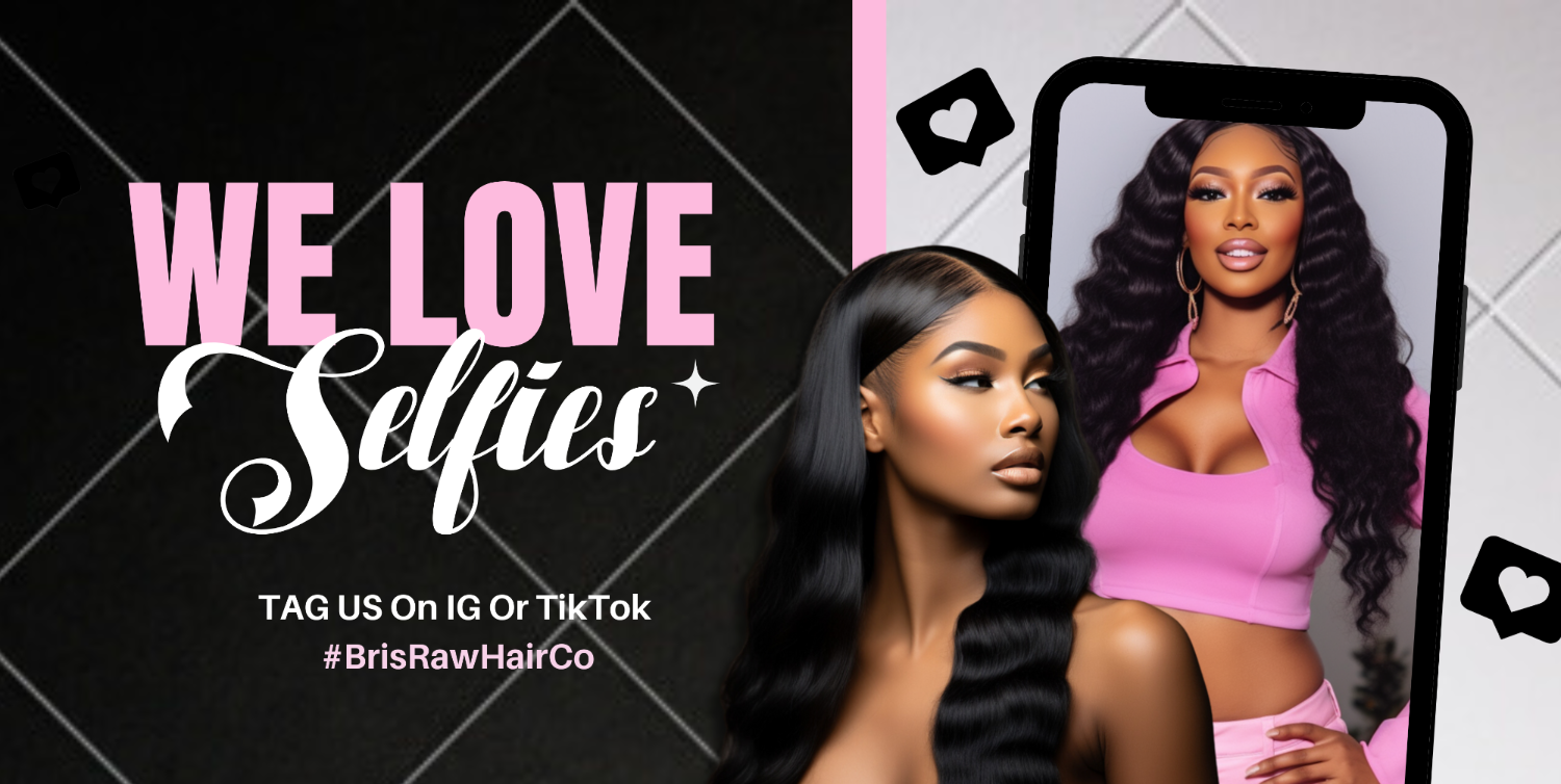 Promotional graphic for BrisRawHairCo with two women and text encouraging selfies.