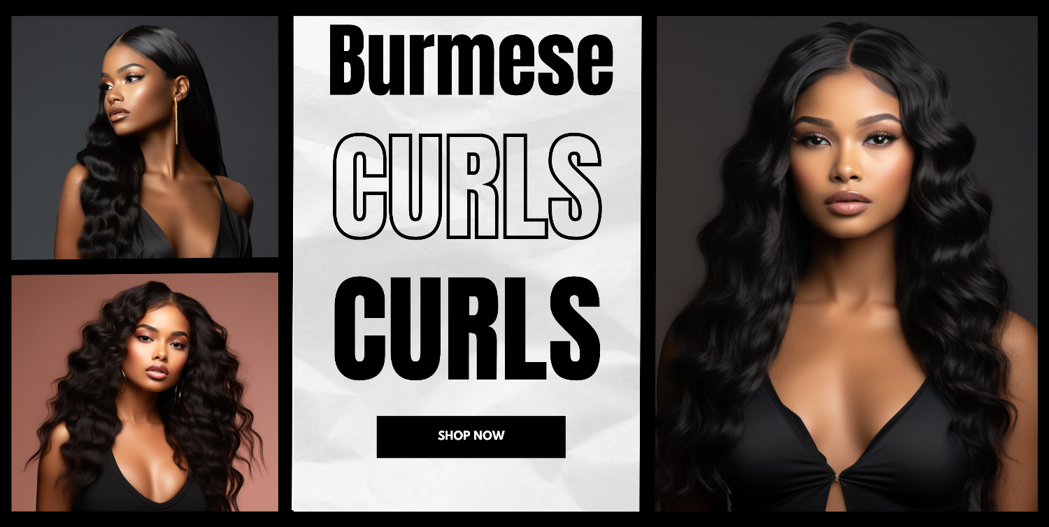 Advertisement for Burmese curls with a woman's face and product name on a dark background