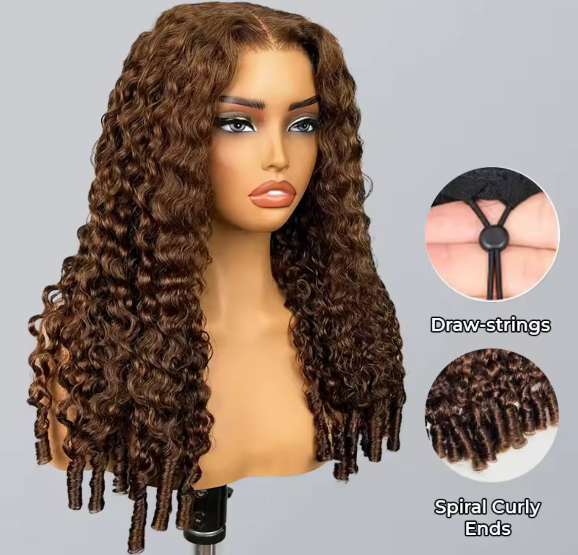 BrisRawHairCo Color #4 Raw Burmese Curly Spiral Wig 5x5 or 13x4